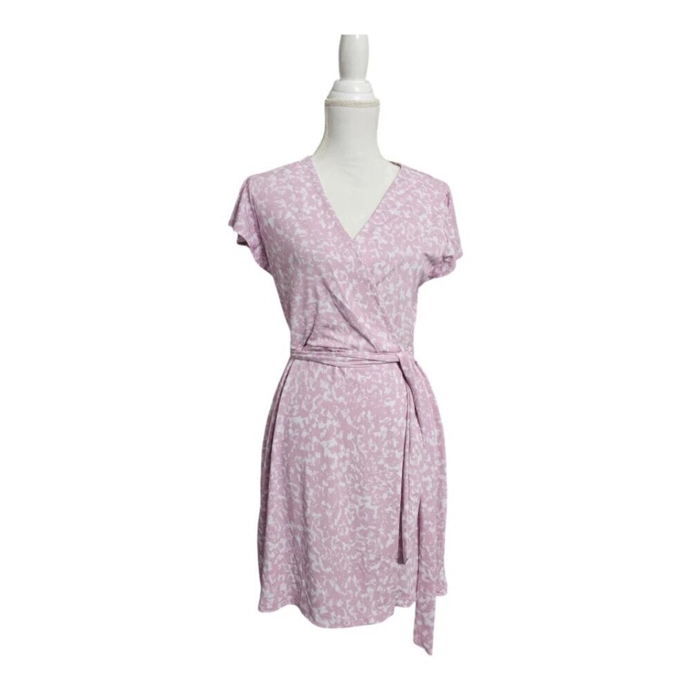 Nine West Faux Wrap Dress Size M Flutter Sleeve Side Belted Lavender Knee Length